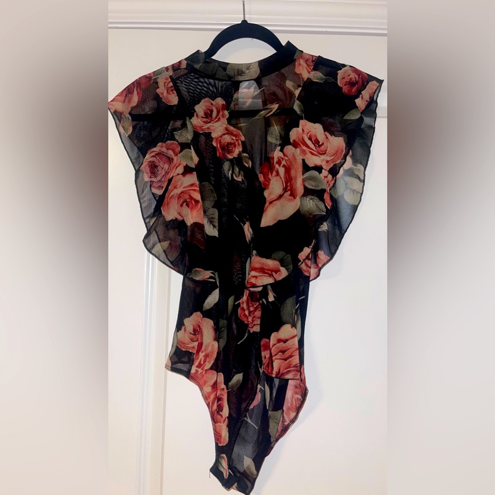 Ruffle Mesh Rose Pink & Black Bodysuit